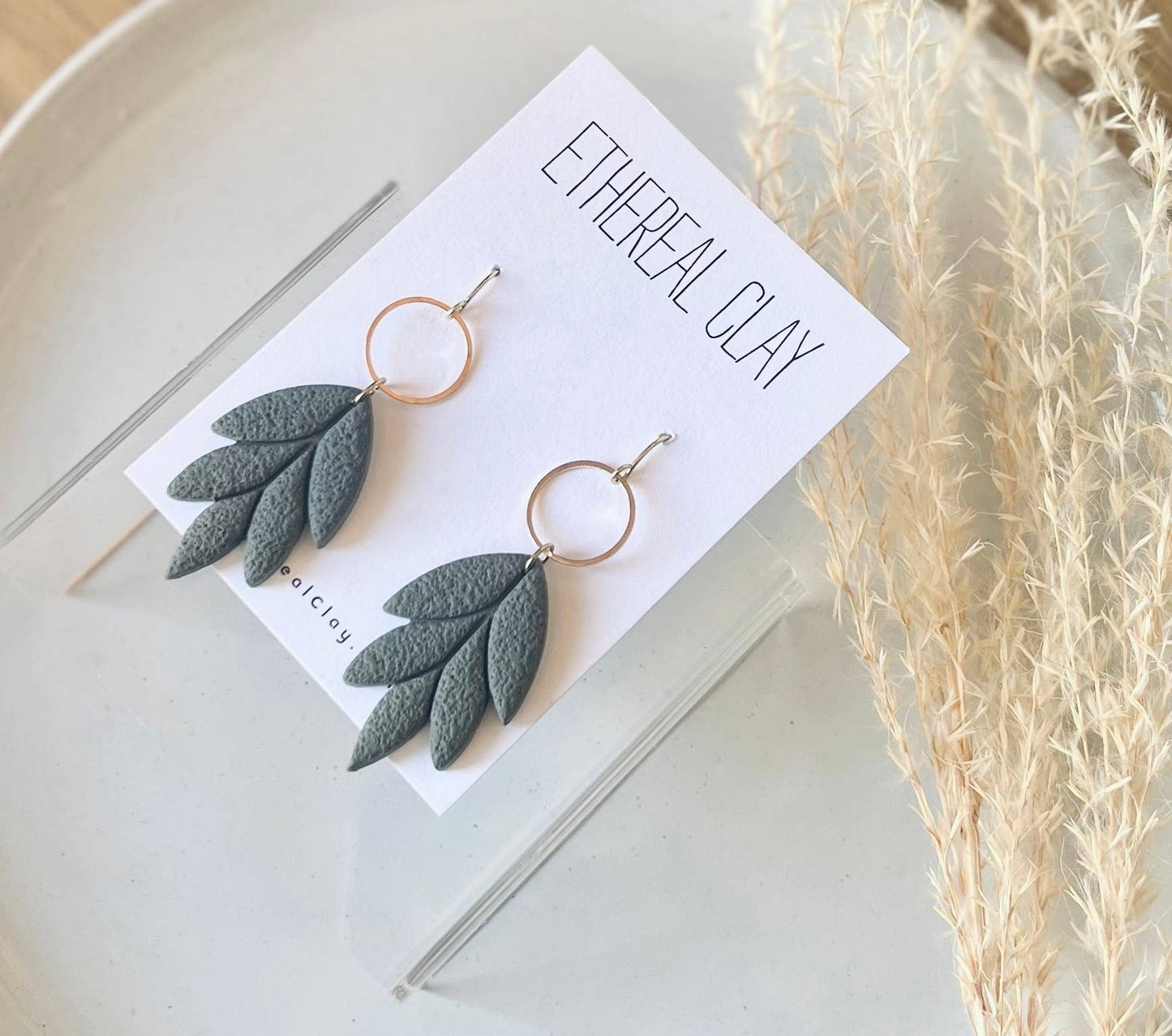 Ethereal Clay - Boho Clay Earrings, Textured Leaf Dangle, Bohemian