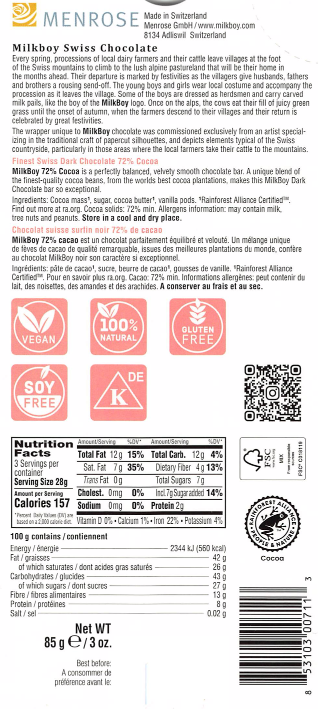Milkboy Swiss Chocolates - Finest 72% Cocoa