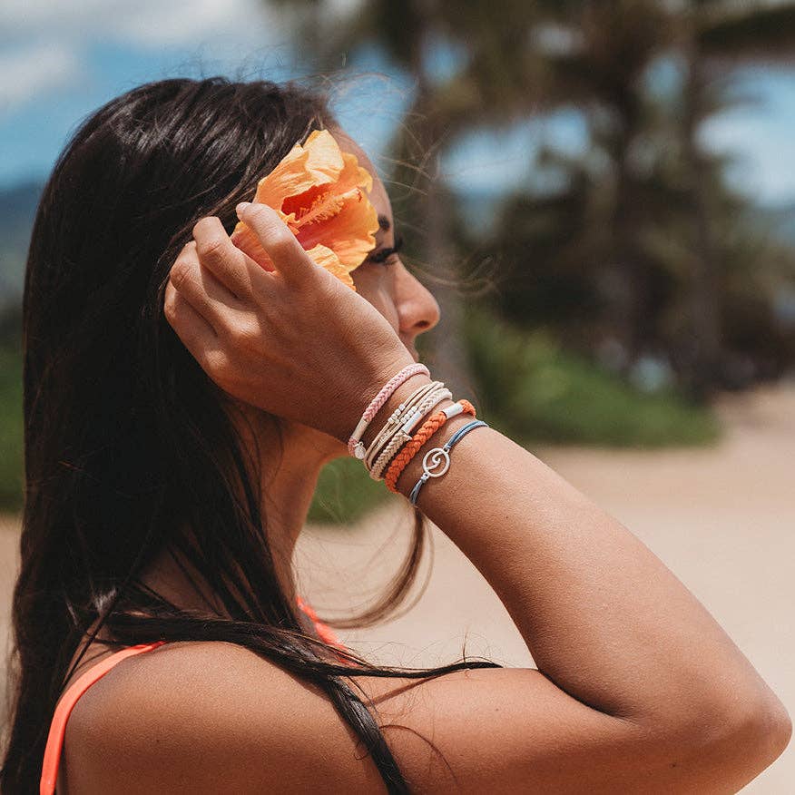 K'lani hair tie bracelets - "Celebrate" Blues and Corals With Silver Wave Charm Hair Tie Bracelets