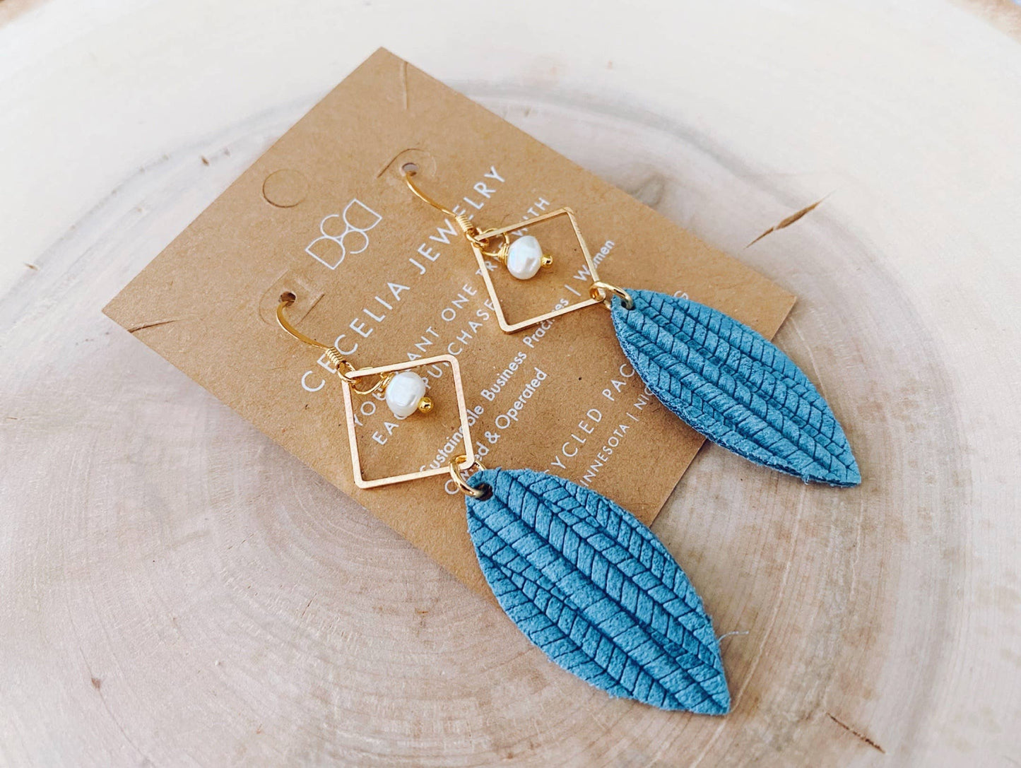 Cecelia Designs Jewelry - Dane Denim Teal and Pearl Diamond Leather Earrings