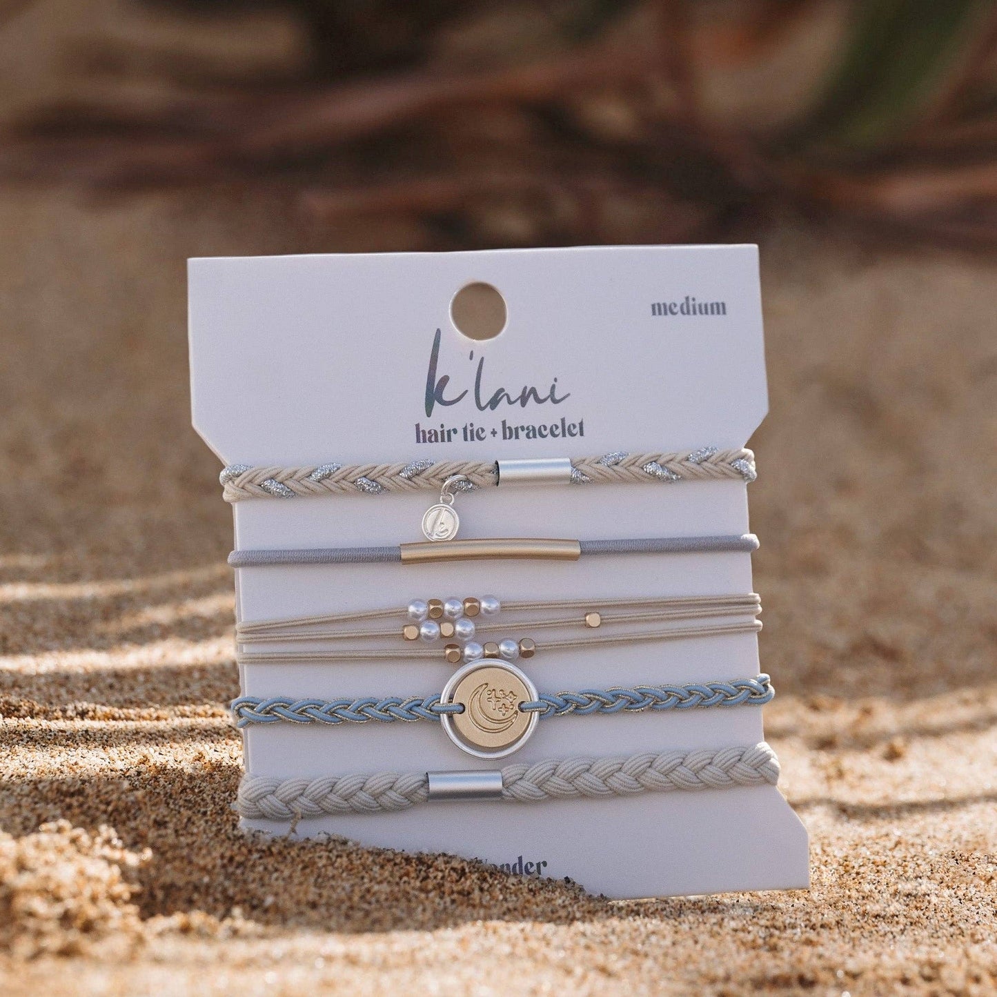 K'lani hair tie bracelets - "Wonder" Soft Creams & Blues with Pearls & Gold Hair Tie Bracelets