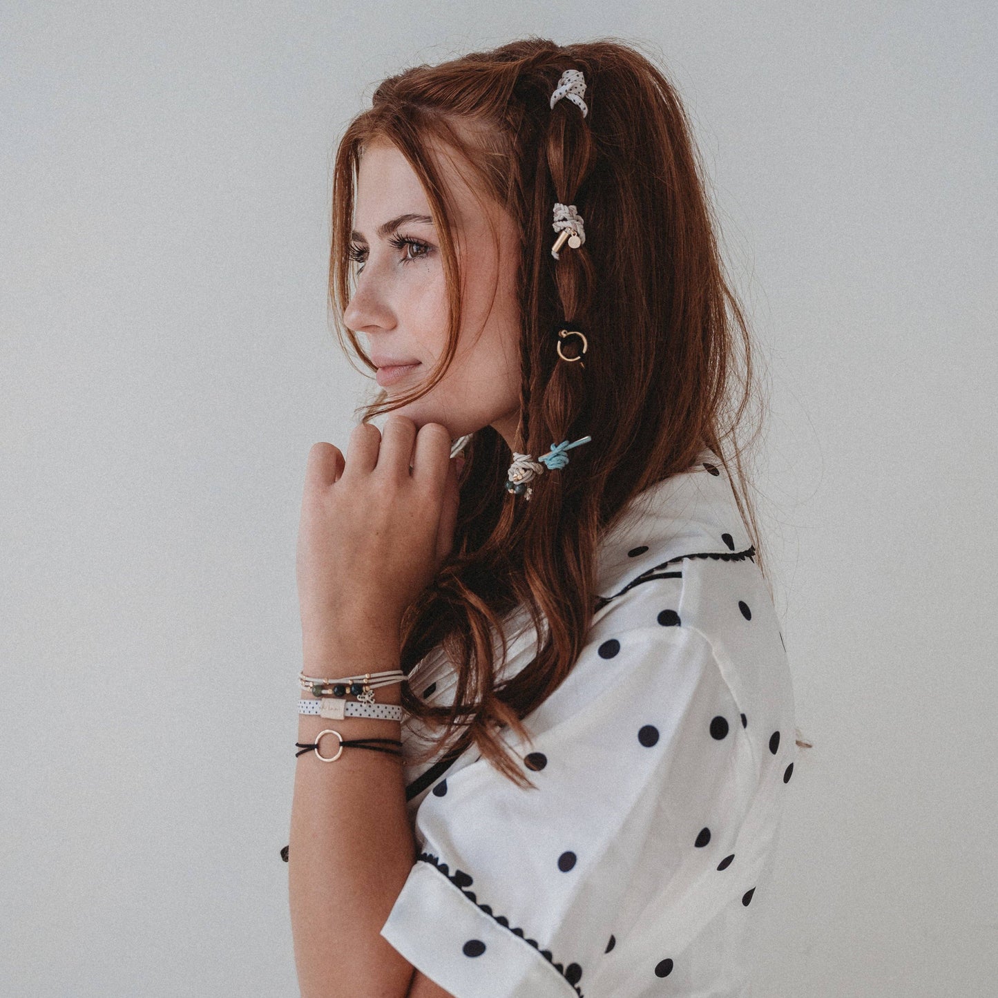 K'lani hair tie bracelets - "Flirt" Polka Dot in Cream & Black with Green Accent Hair Tie Bracelets