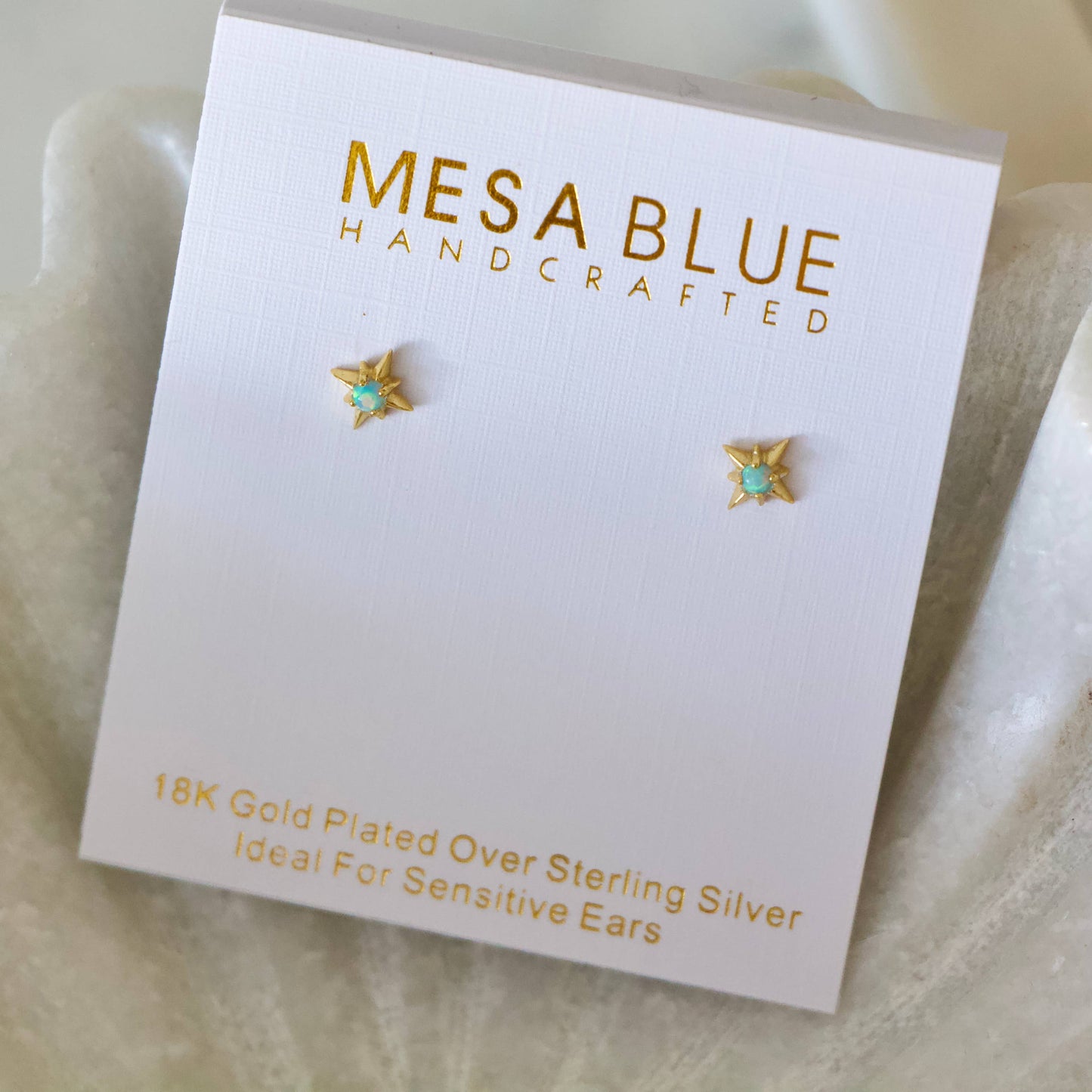 Mesa Blue - Blue Opal Star Stud Earrings -Hypoallergenic, Sterling Silve