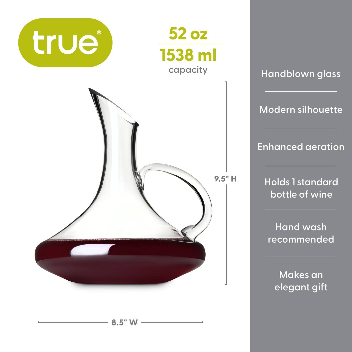 TRUE - Capuli Traditional Glass Wine Decanter w/ Handle - 52oz