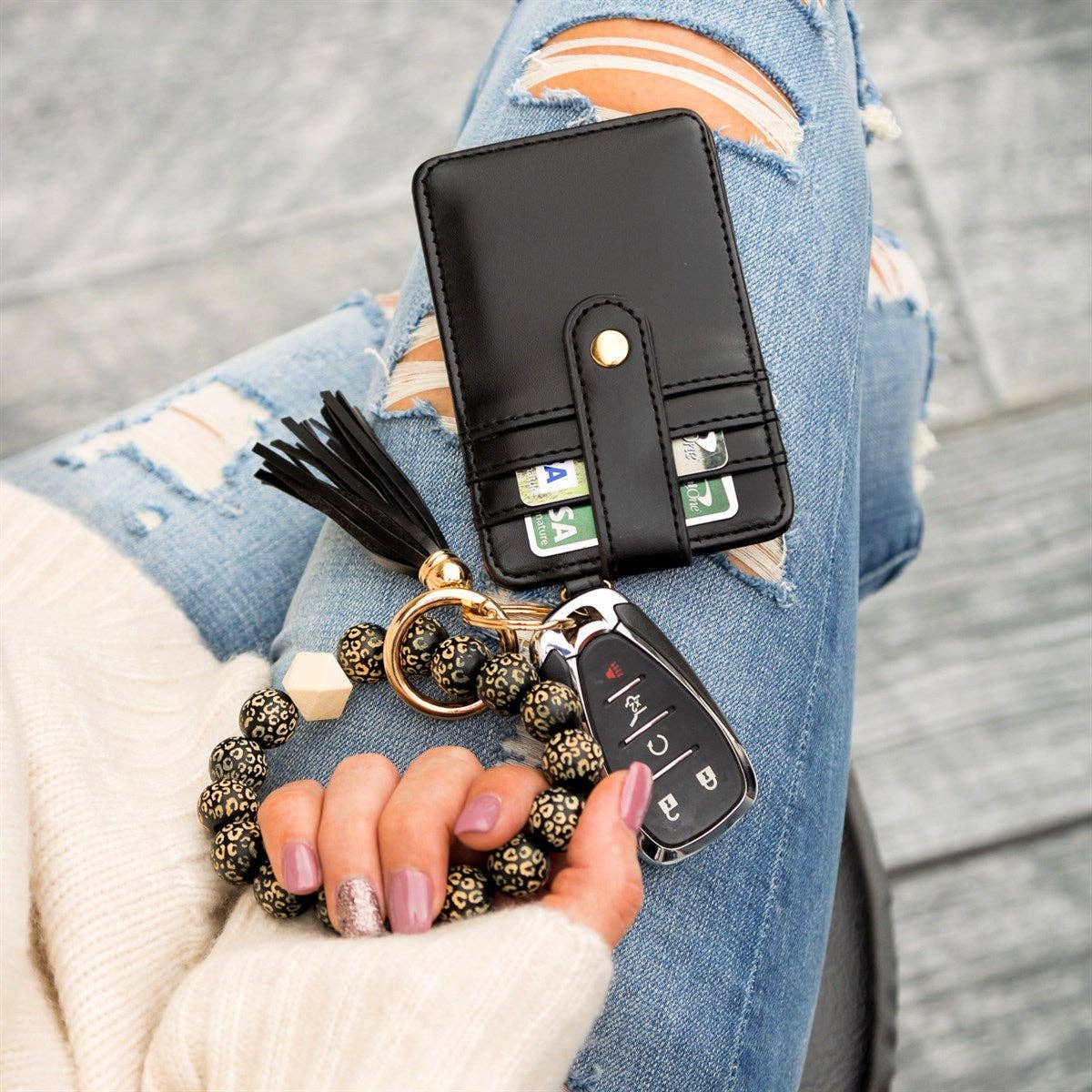 Aili's Corner - Leopard Beaded Key Ring Wallet Bracelet