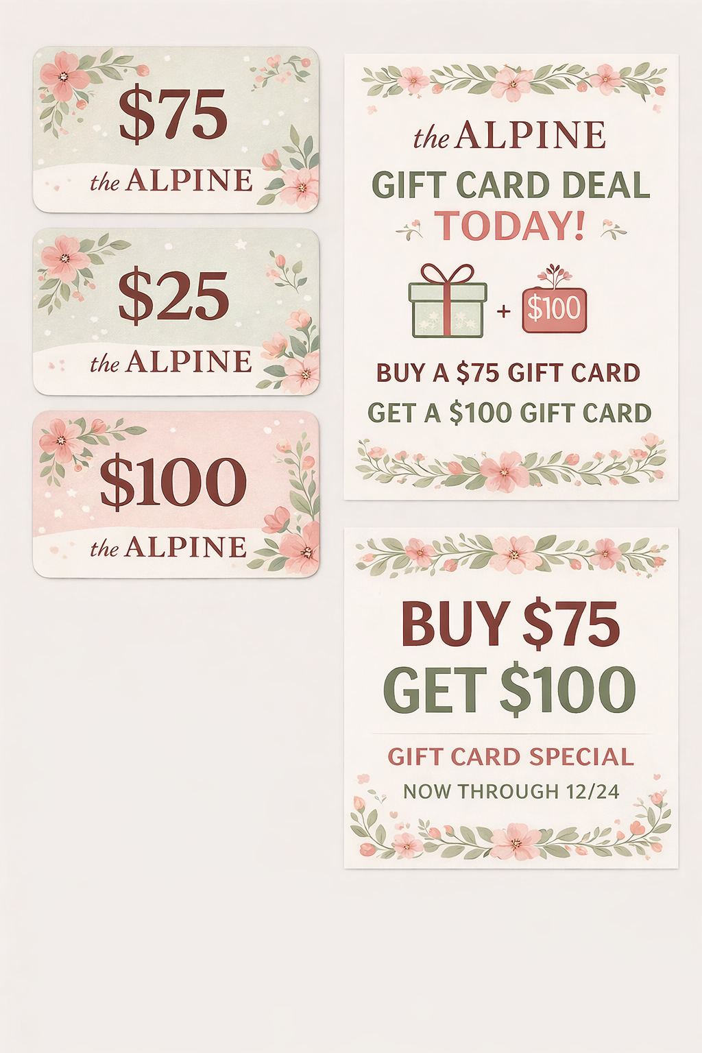 Buy a $75 Alpine gift card → get a $25 bonus Alpine gift card free.