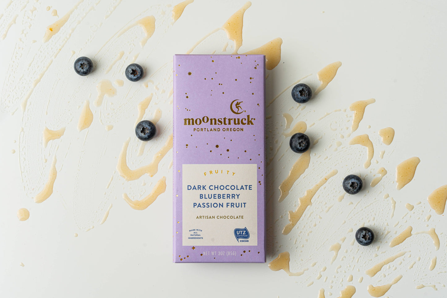 Moonstruck Chocolate Co - Fruity
Dark Chocolate Blueberry Passion Fruit Bar