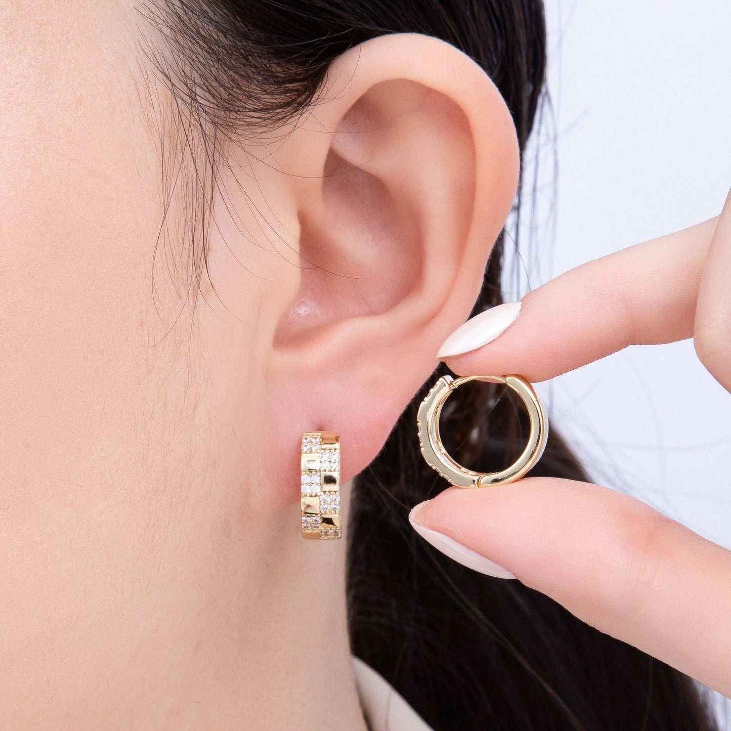 Aim Eternal - 14K Gold Filled 15mm Micro Paved CZ Checkered Huggie | EARRINGS-00249