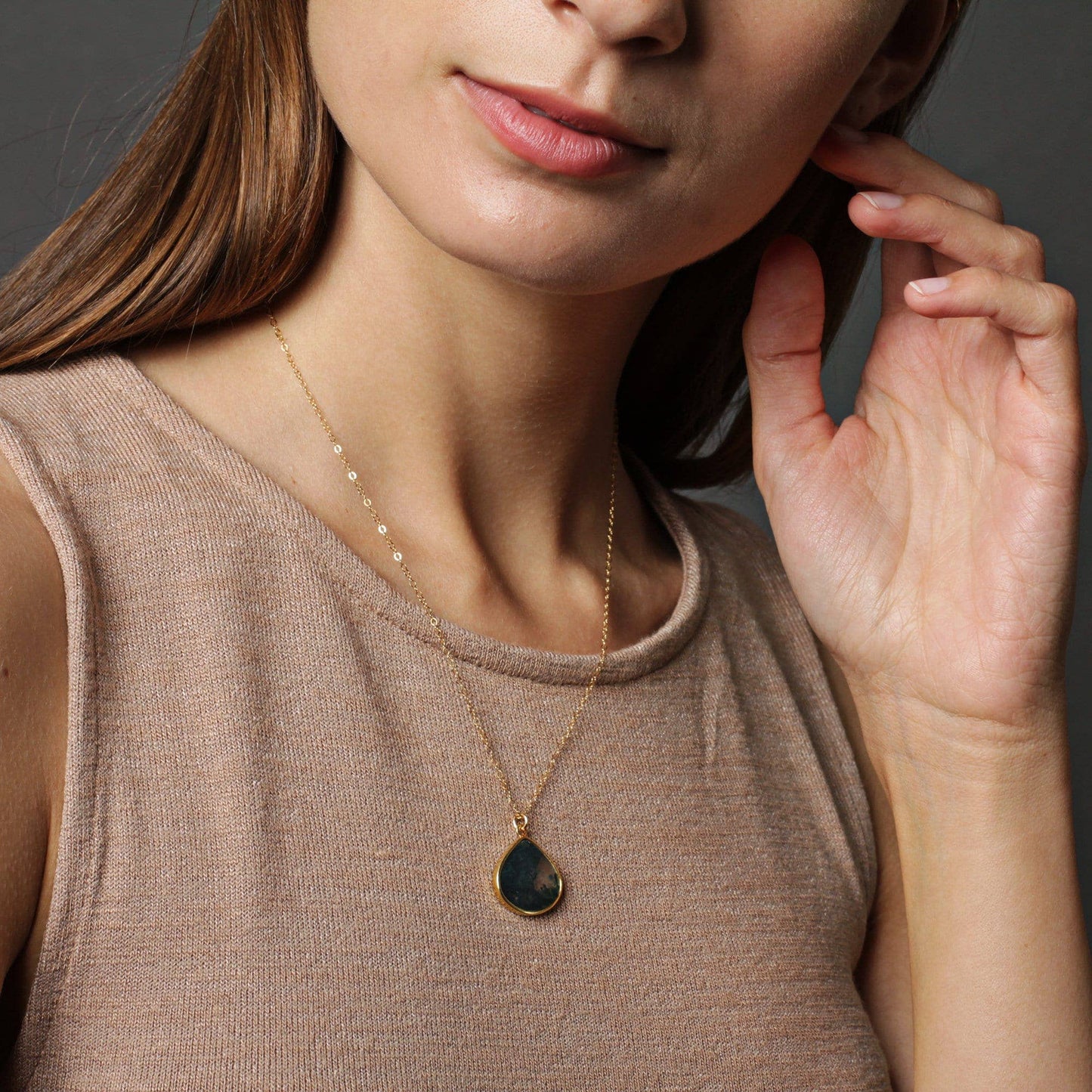 Soul & Little Rose - Moss Agate Large Drop Gold Pendant Necklace