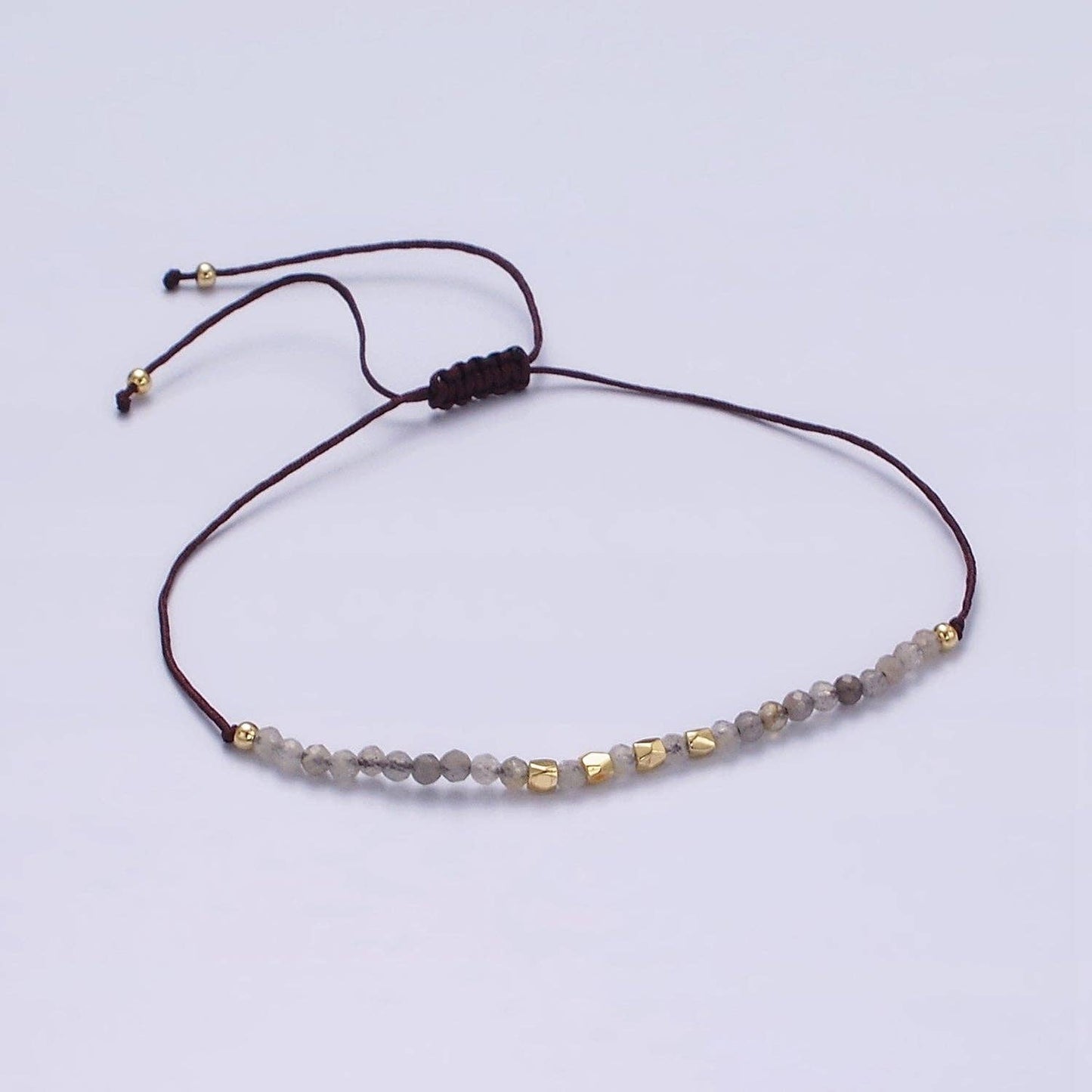 Aim Eternal - 14K Gold Filled Gray Jasper Multifaceted Brown Rope Adjustable Friendship Bracelet | WA-2178 ~ WA-2180