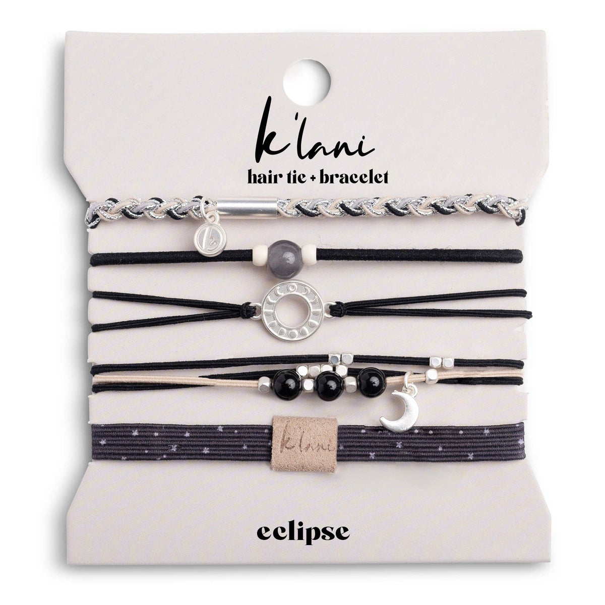 K'lani hair tie bracelets - "Eclipse" Black, White & Grey with Silver Metallic & Moon Accent Hair Tie Bracelets