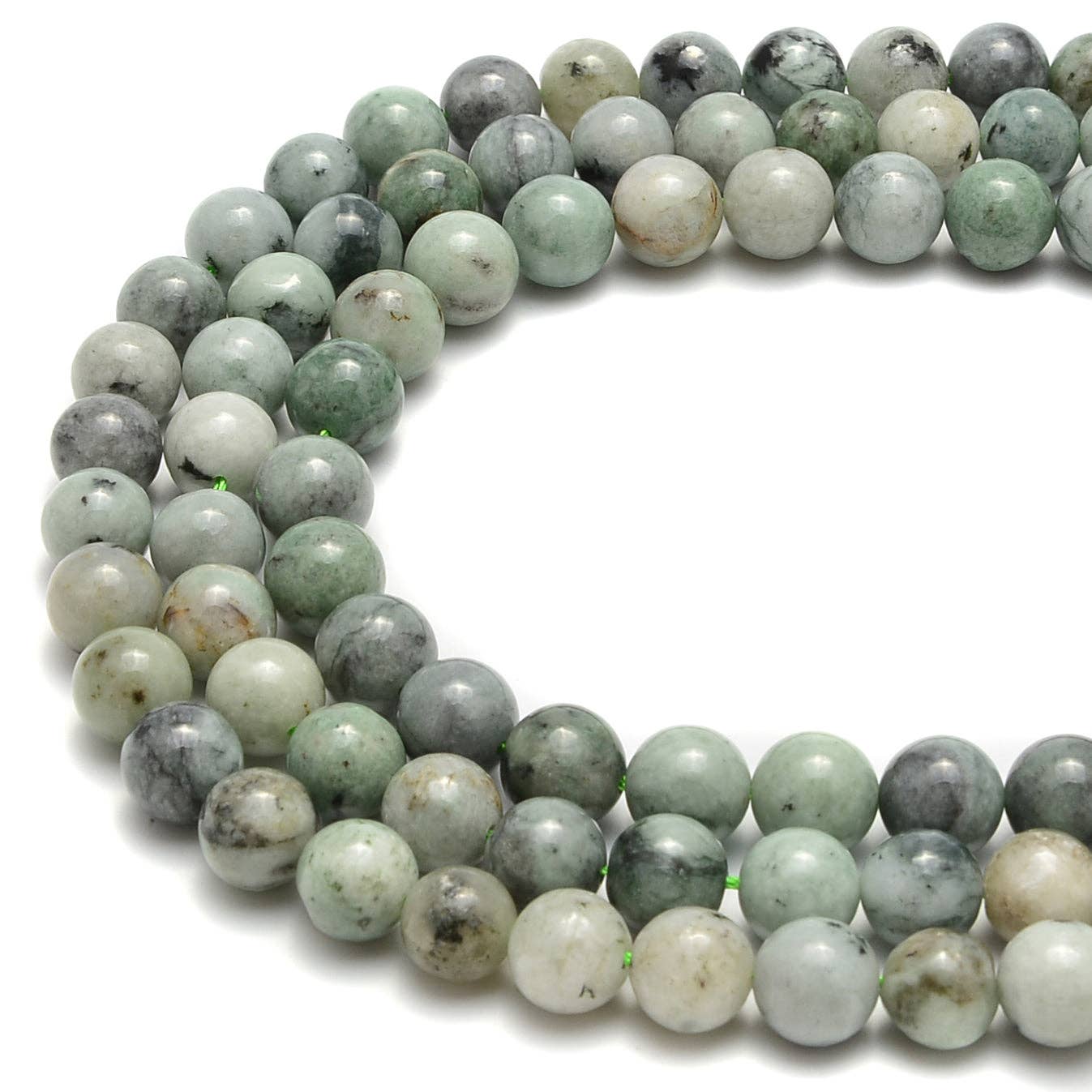 CRCBEADS - Natural Green Spotted Jade Smooth Round Beads Size 6mm 8mm 10mm 15.5" Strand