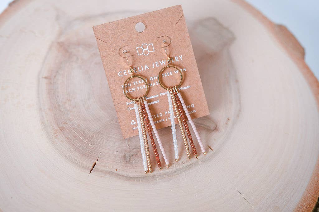 Cecelia Designs Jewelry - Seed Bead Fringe and Gold Hoop Earrings