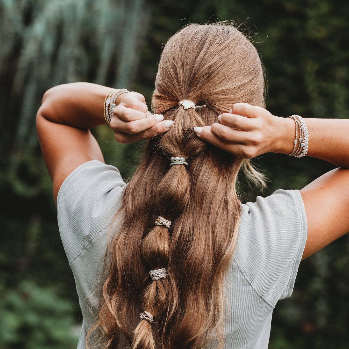 K'lani hair tie bracelets - "Glimmer" Soft Pinks with Pearl & Gold Accent Hair Tie Bracelets