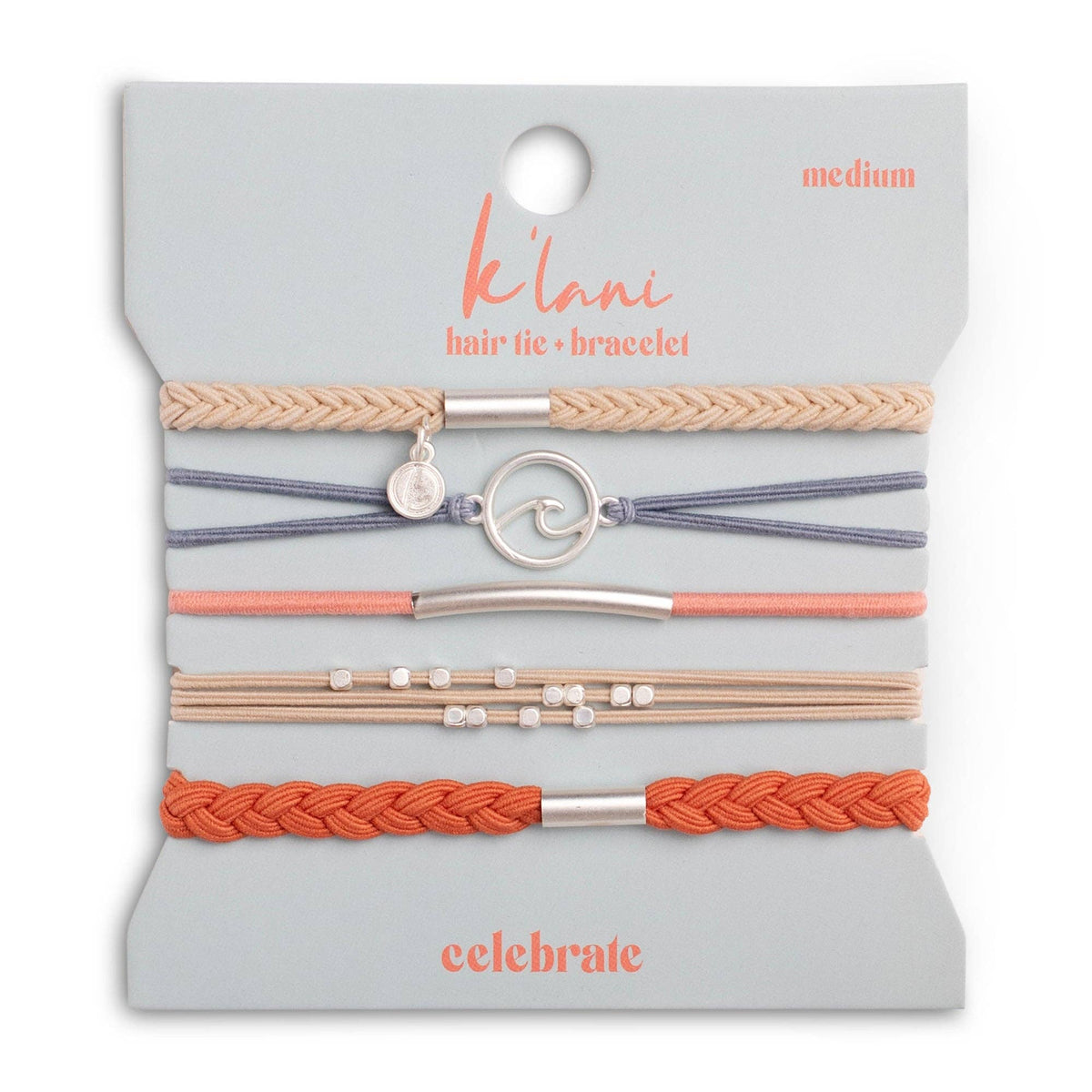 K'lani hair tie bracelets - "Celebrate" Blues and Corals With Silver Wave Charm Hair Tie Bracelets