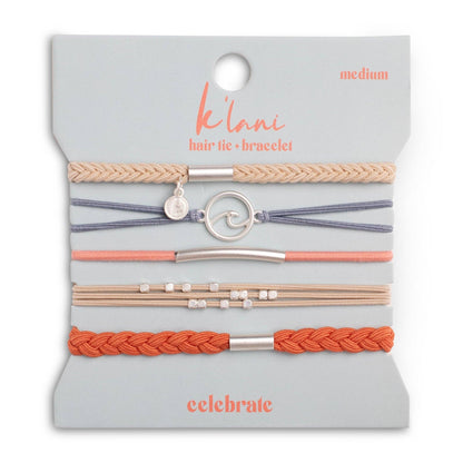 K'lani hair tie bracelets - "Celebrate" Blues and Corals With Silver Wave Charm Hair Tie Bracelets