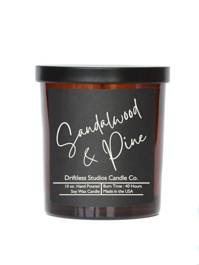 Driftless Studios - Sandalwood & Pine Soy Candle - 10oz Jar With Lid Black Label