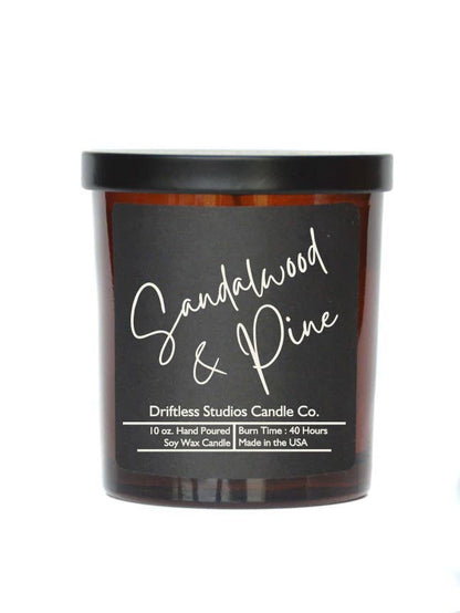 Driftless Studios - Sandalwood & Pine Soy Candle - 10oz Jar With Lid Black Label
