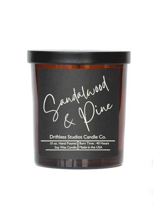 Driftless Studios - Sandalwood & Pine Soy Candle - 10oz Jar With Lid Black Label