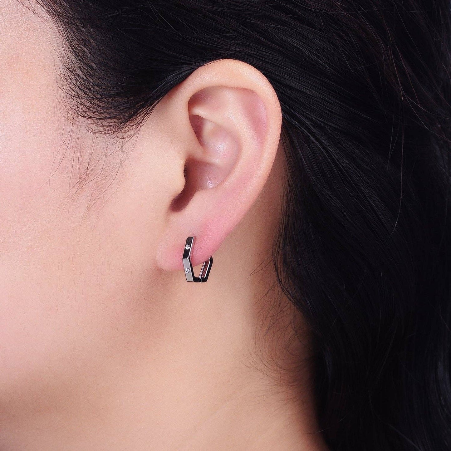 Aim Eternal - Gold Filled Clear CZ Dot Hexagonal Huggie Earrings