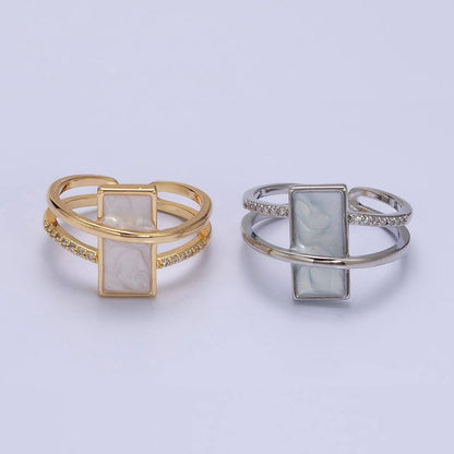 Aim Eternal - White Sparkly Enamel Bar Micro Paved CZ Double Band Ring