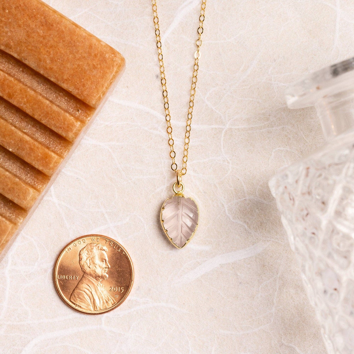 Soul & Little Rose - Rose Quartz Leaf Shape Gemstone Gold Necklace