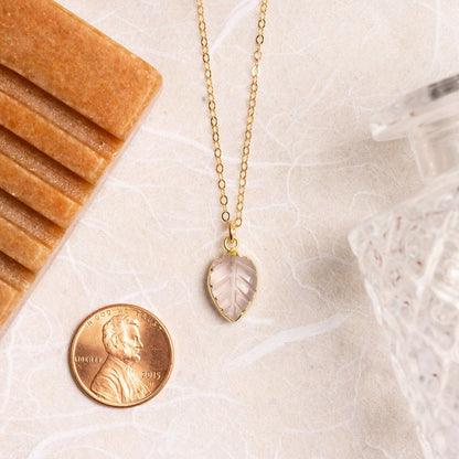 Soul & Little Rose - Rose Quartz Leaf Shape Gemstone Gold Necklace