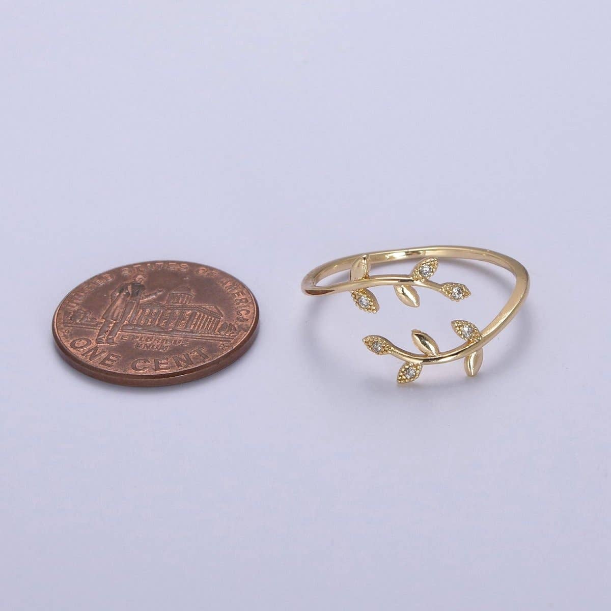 Aim Eternal - Micro Pave Olive Vine Leaf Adjustable Ring, Crystal Cubic Zirconia CZ Mother Nature Stacking Ring, Minimalist 16K Gold Filled Ring, Gift For Her Plant Mom U-436
