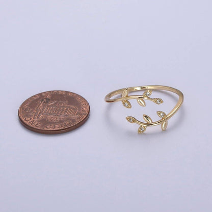 Aim Eternal - Micro Pave Olive Vine Leaf Adjustable Ring, Crystal Cubic Zirconia CZ Mother Nature Stacking Ring, Minimalist 16K Gold Filled Ring, Gift For Her Plant Mom U-436