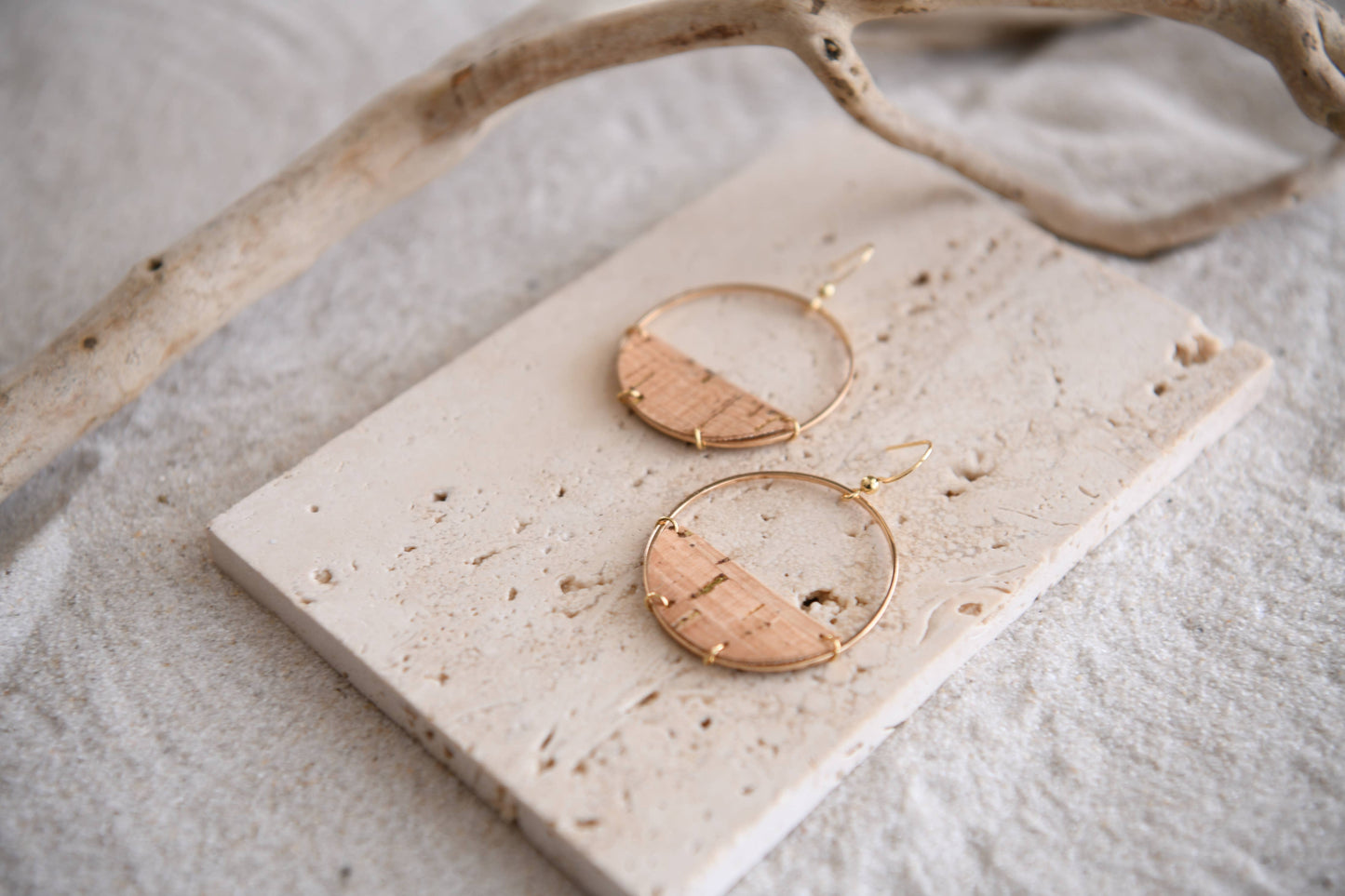 Cecelia Designs Jewelry - Gold Plated Hoop and Cork Half Moon Earrings
