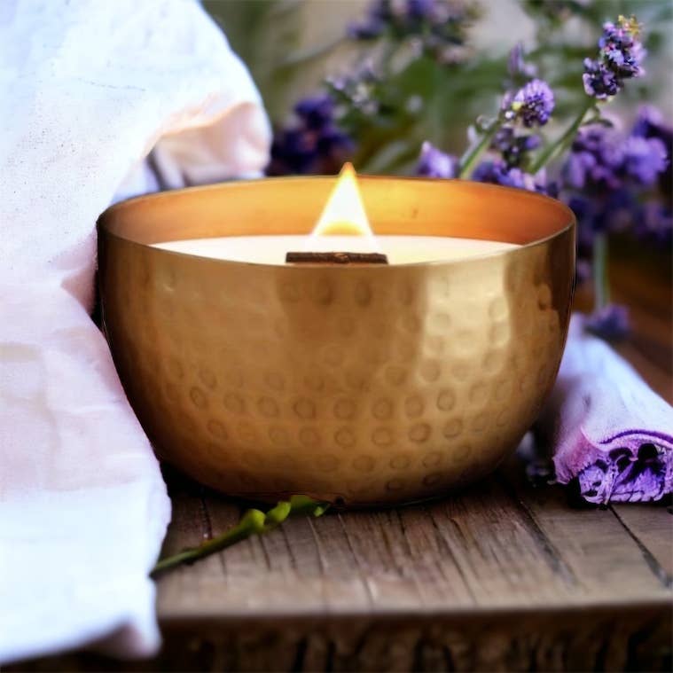 Woodsy Homelife - French Linens & Lavender-Solid Brass 14oz Pure Soy Candle