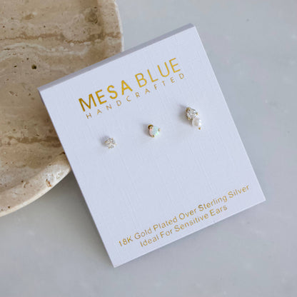 Mesa Blue - Opal, Pearl, CZ Earring Set, Hypoallergenic, Sterling 