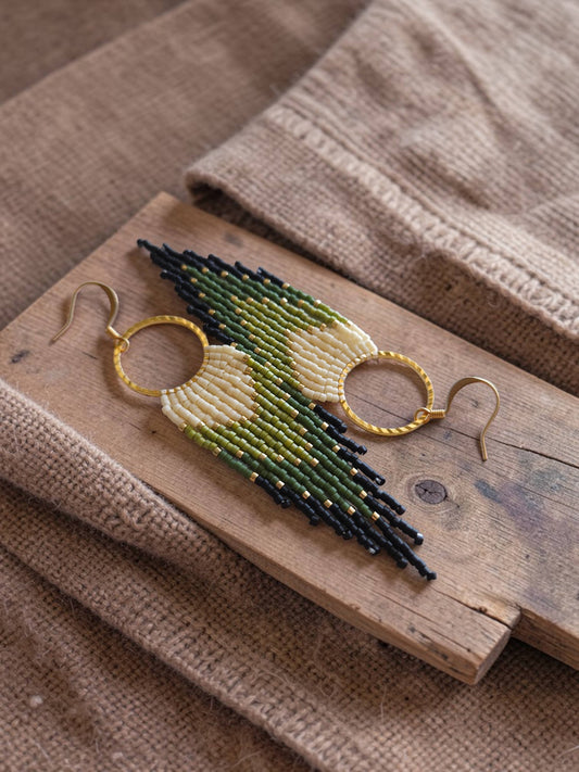 Mountain Sun Creations - Gemma - Handwoven Green Fringe Hoop Earrings