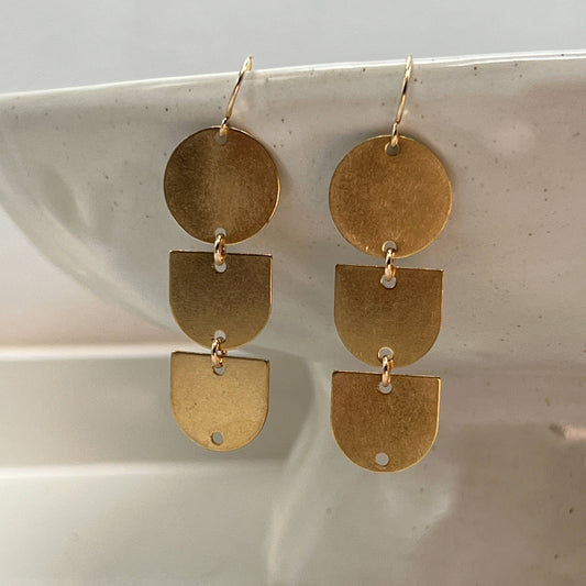 Sela+Sage - Circle Arch Three, Worn Brass Drop  Earrings & Gold Filled