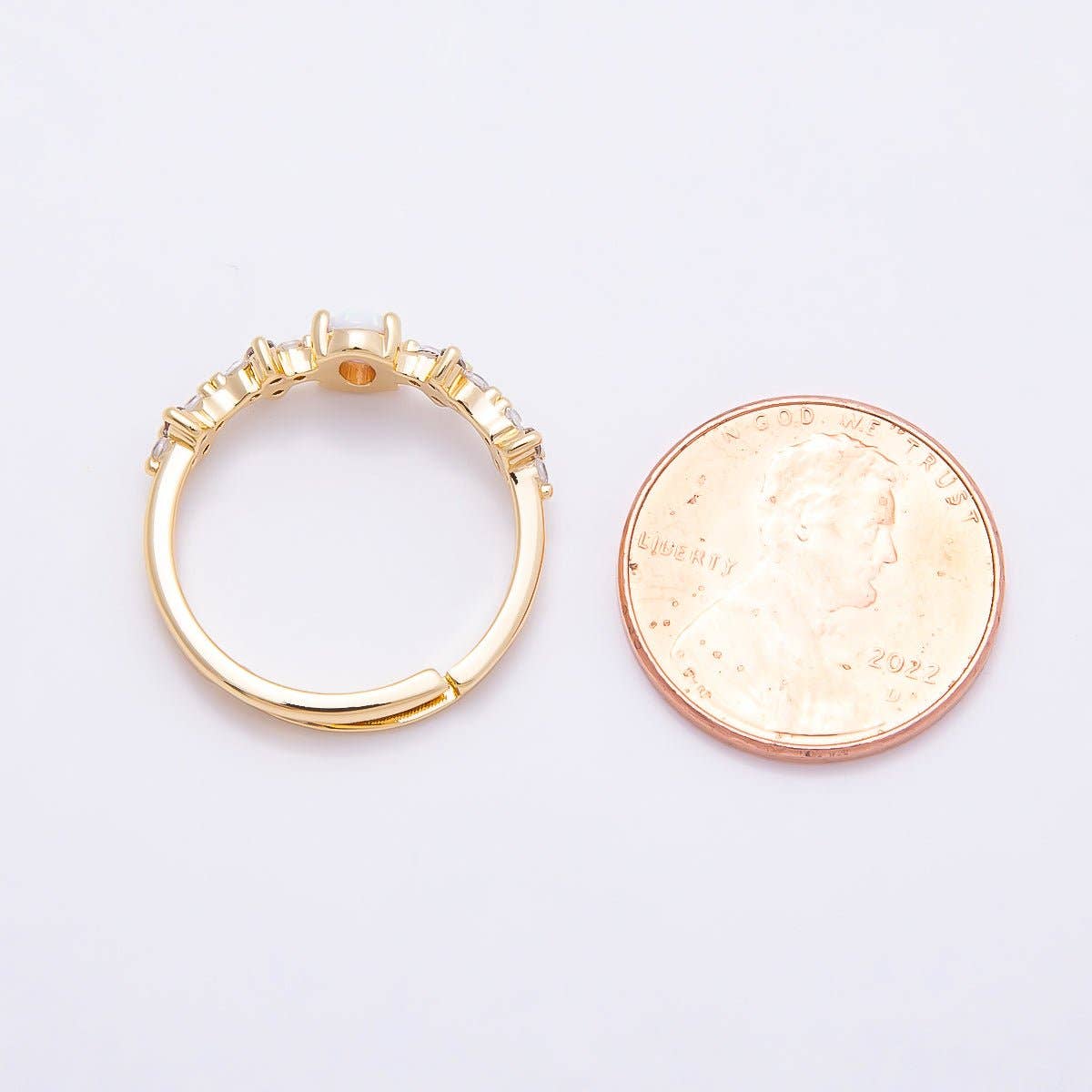 Aim Eternal - 16K Gold Filled White Opal Clear CZ Flower Leaf Adjustable Ring | Rings-00139