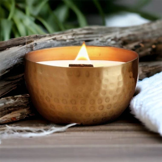 Woodsy Homelife - Driftwood & Vetiver-Solid Brass 14oz Pure Soy Candle
