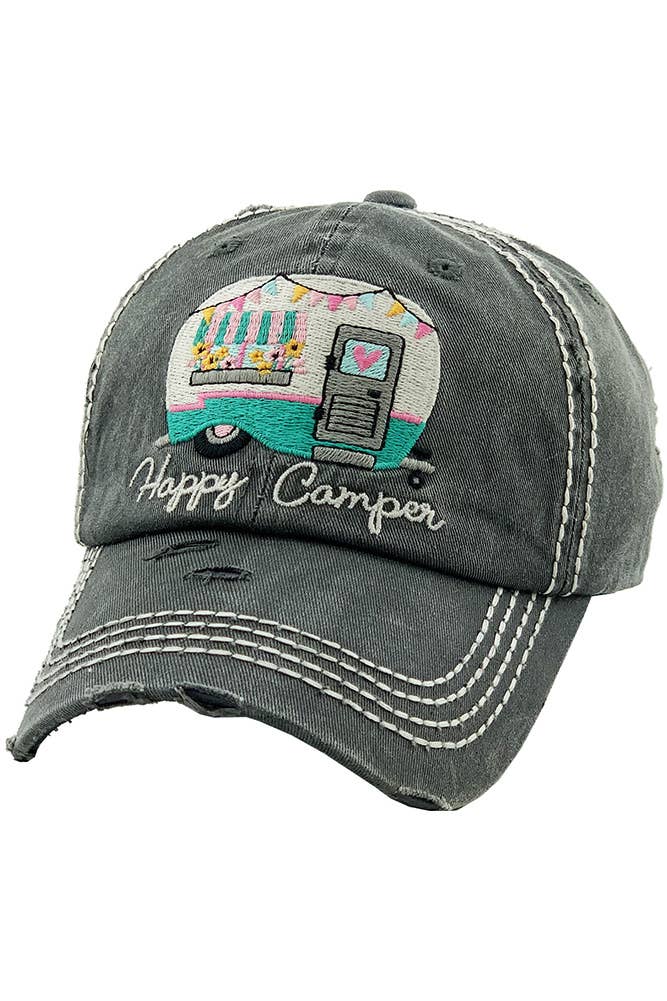 Hana - Embroidered HAPPY CAMPER Washed Vintage Baseball Cap