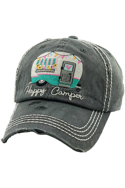 Hana - Embroidered HAPPY CAMPER Washed Vintage Baseball Cap