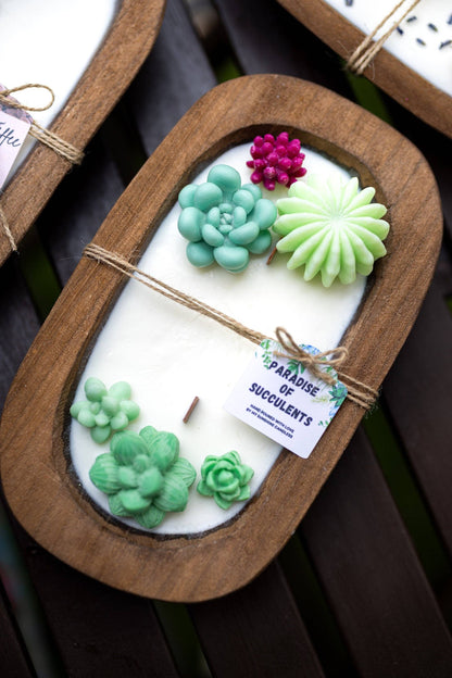 MySunshineCandless - Succulent Dough Bowl Candle 3 Wood Wick Candle /Soy Candle /Dough Bowl/Farmhouse candle/large candle