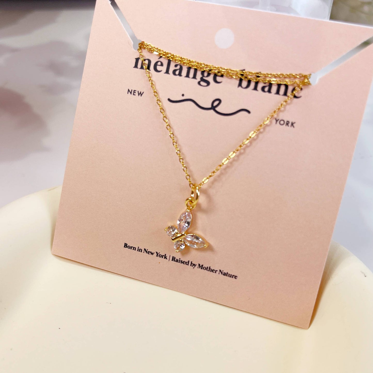 Melange Blanc - N025 gold crystal butterfly charm pendant necklace
