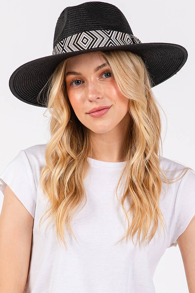 Hana - Aztec Tribal Pattern Band Straw Summer Sun Hat