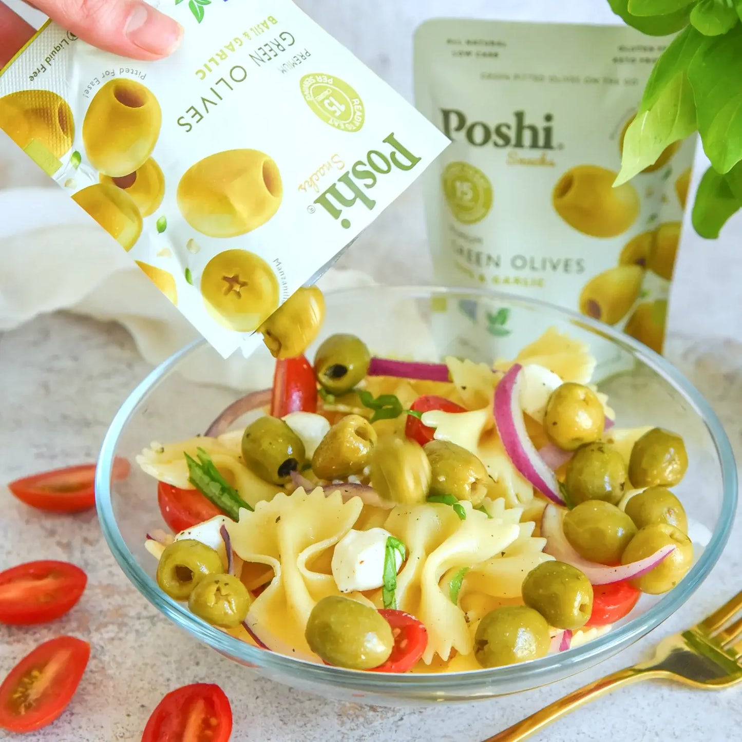 POSHI - Poshi Snack -  Basil & Garlic Pitted Green Olives 1.1oz/10ct