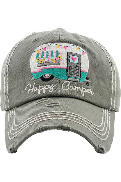 Hana - Embroidered HAPPY CAMPER Washed Vintage Baseball Cap