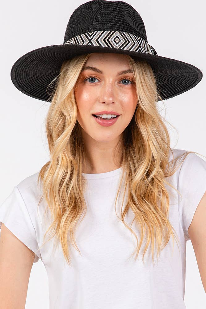 Hana - Aztec Tribal Pattern Band Straw Summer Sun Hat