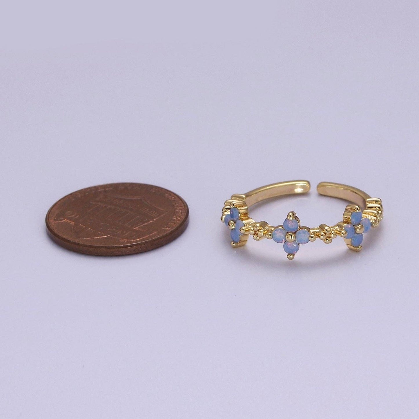 Aim Eternal - Dainty Blue Opal Flower Ring Open Adjustable Gold Filled Band Ring For Minimalist Jewelry O2079