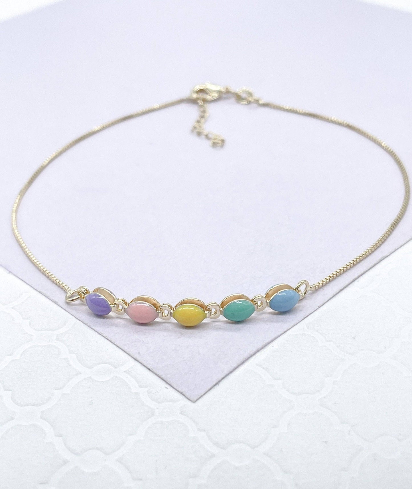 Milie Jewels - 18k Gold Filled Box Chain Anklet with Pastel Colored Enamel