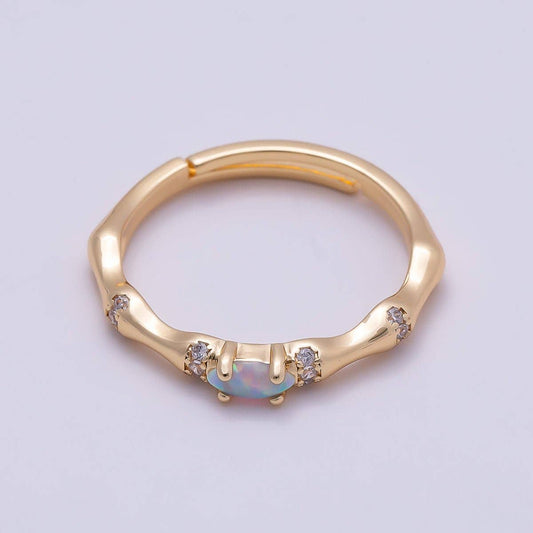Aim Eternal - 16K Gold Filled Opal Micro Paved CZ Bamboo Adjustable Ring | Rings-00140