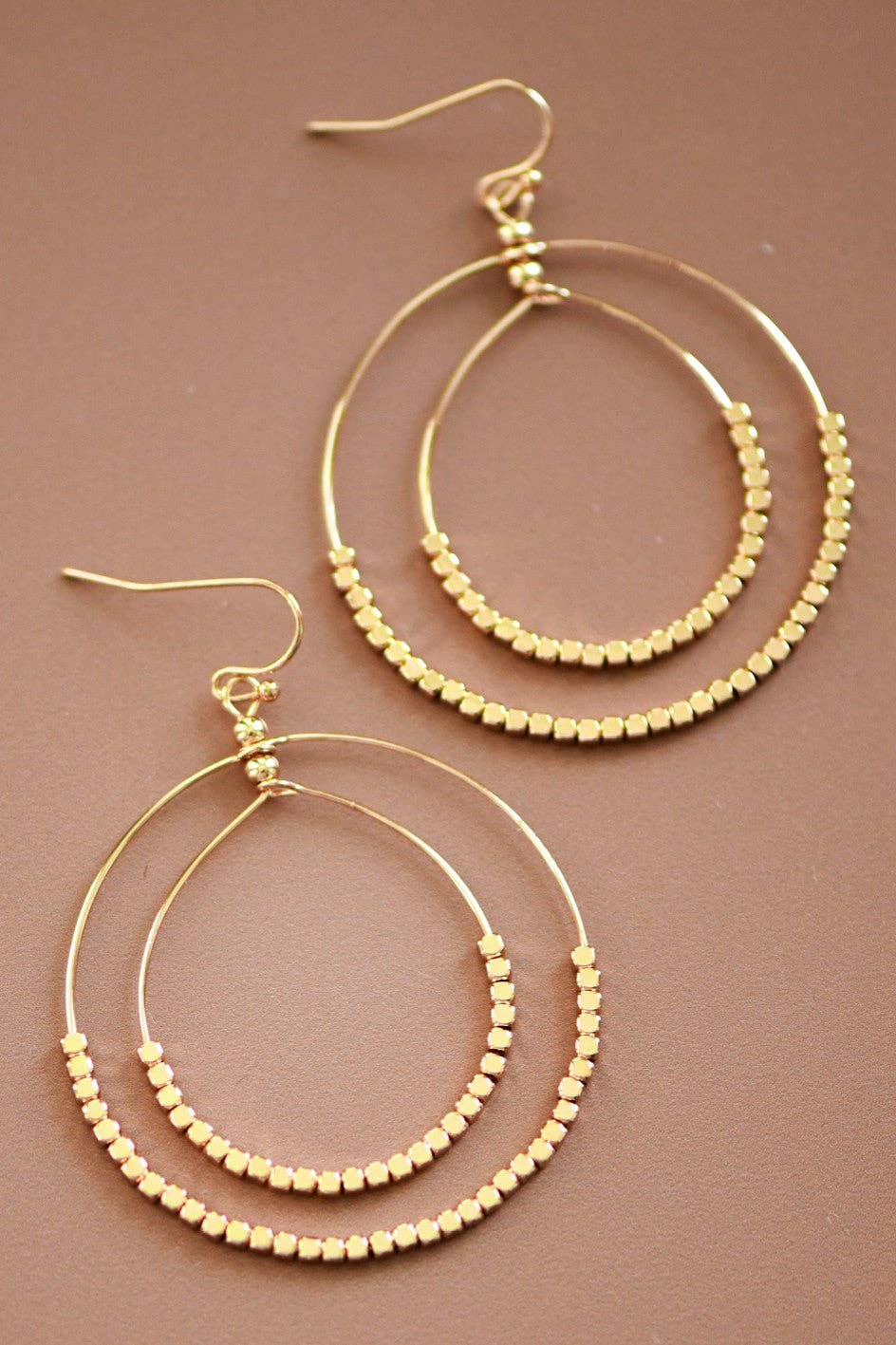 MA220 Mia Accessories - Gold Beaded Double Circle Drop Earrings - 5861