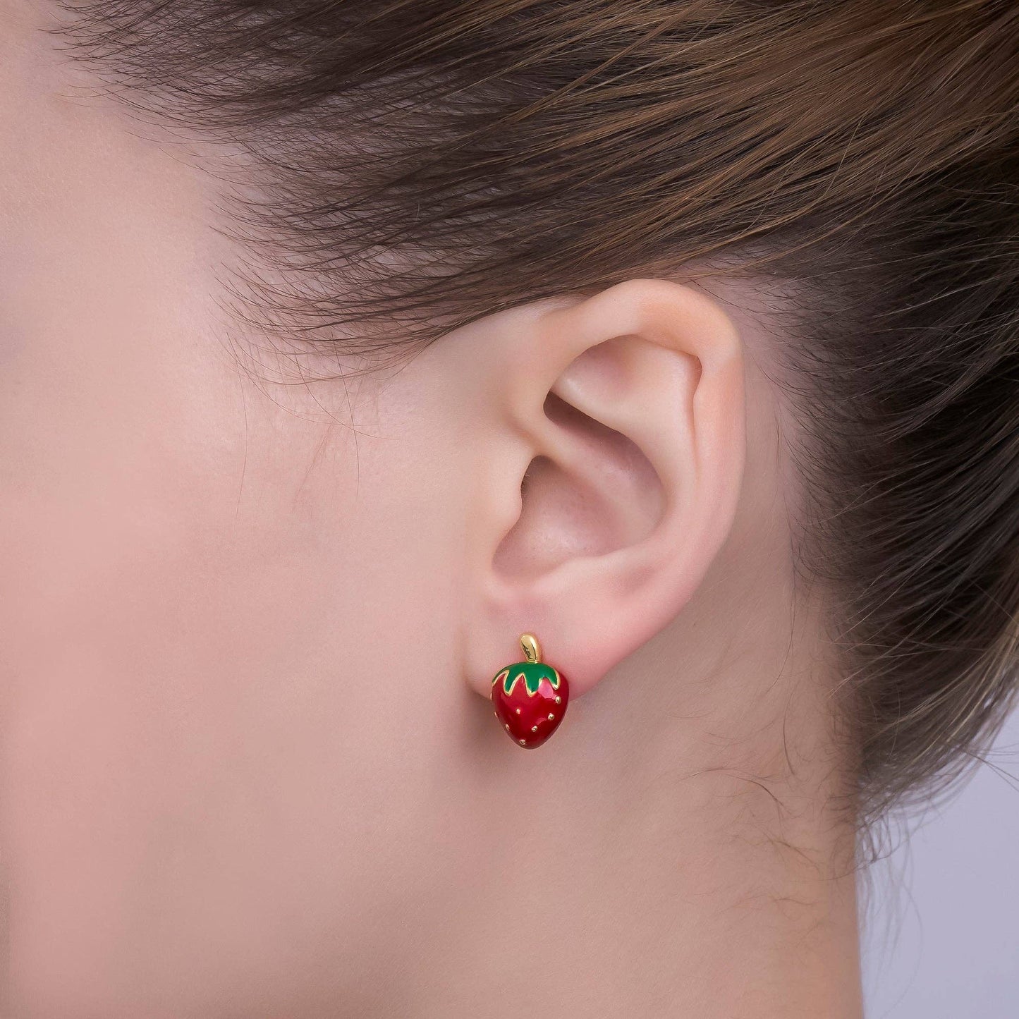 Aim Eternal - 24K Gold Filled 15mm Red Enamel Strawberry Fruit Stud Earrings | AI424