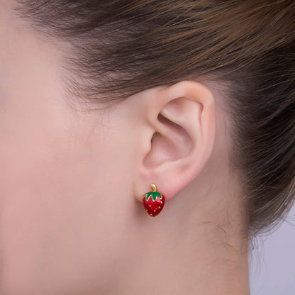 Aim Eternal - 24K Gold Filled 15mm Red Enamel Strawberry Fruit Stud Earrings | AI424
